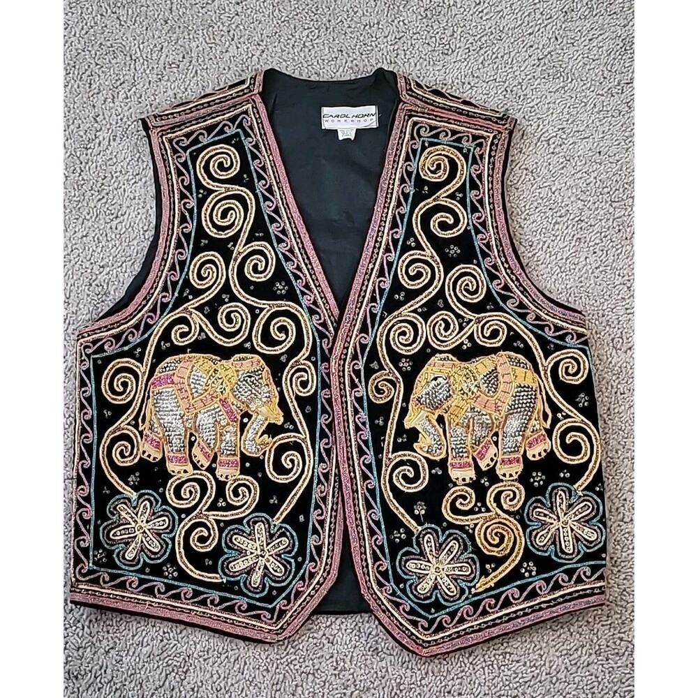 Vintage Carol Horn Elephant Beaded Velvet Vest M/L Festival Retro Art To Wear